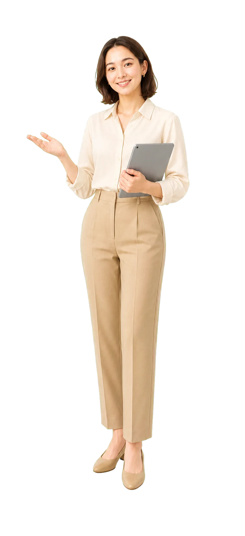 Warm AI English teacher in a video lesson
