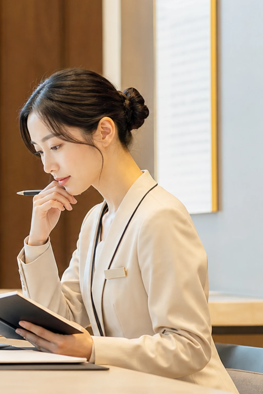 Japanese hospitality worker preparing for tomorrow’s English conversation before a Yatto Meet lesson