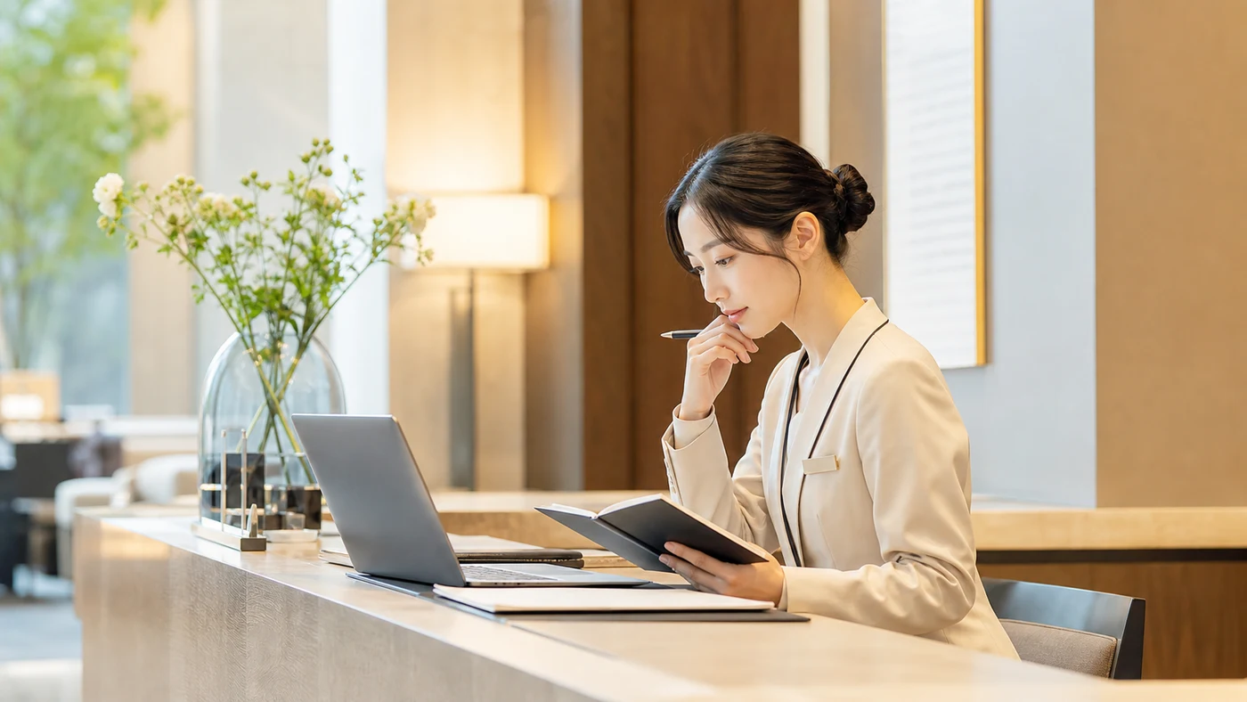 Japanese hospitality worker preparing for tomorrow’s English conversation before a Yatto Meet lesson